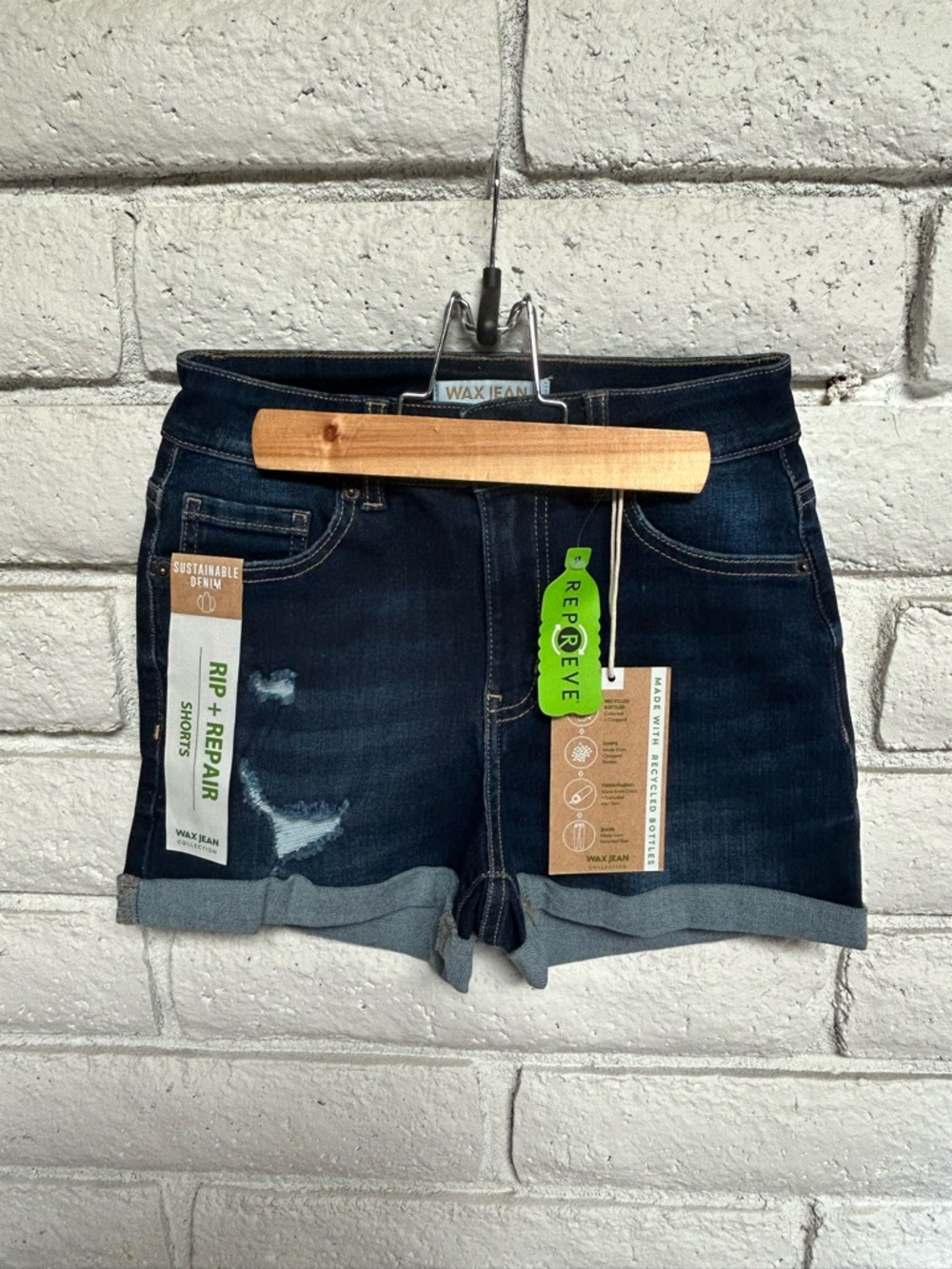 Wax Jean Juniors Dark Indigo Rip & Repair Rolled Hem Denim Shorts